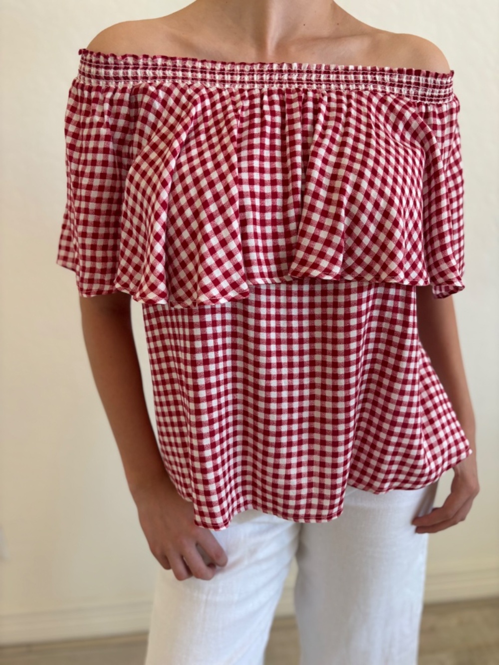 Mamu Red & White Gingham Ruffle Off-The-Shoulder Blouse - Size Medium